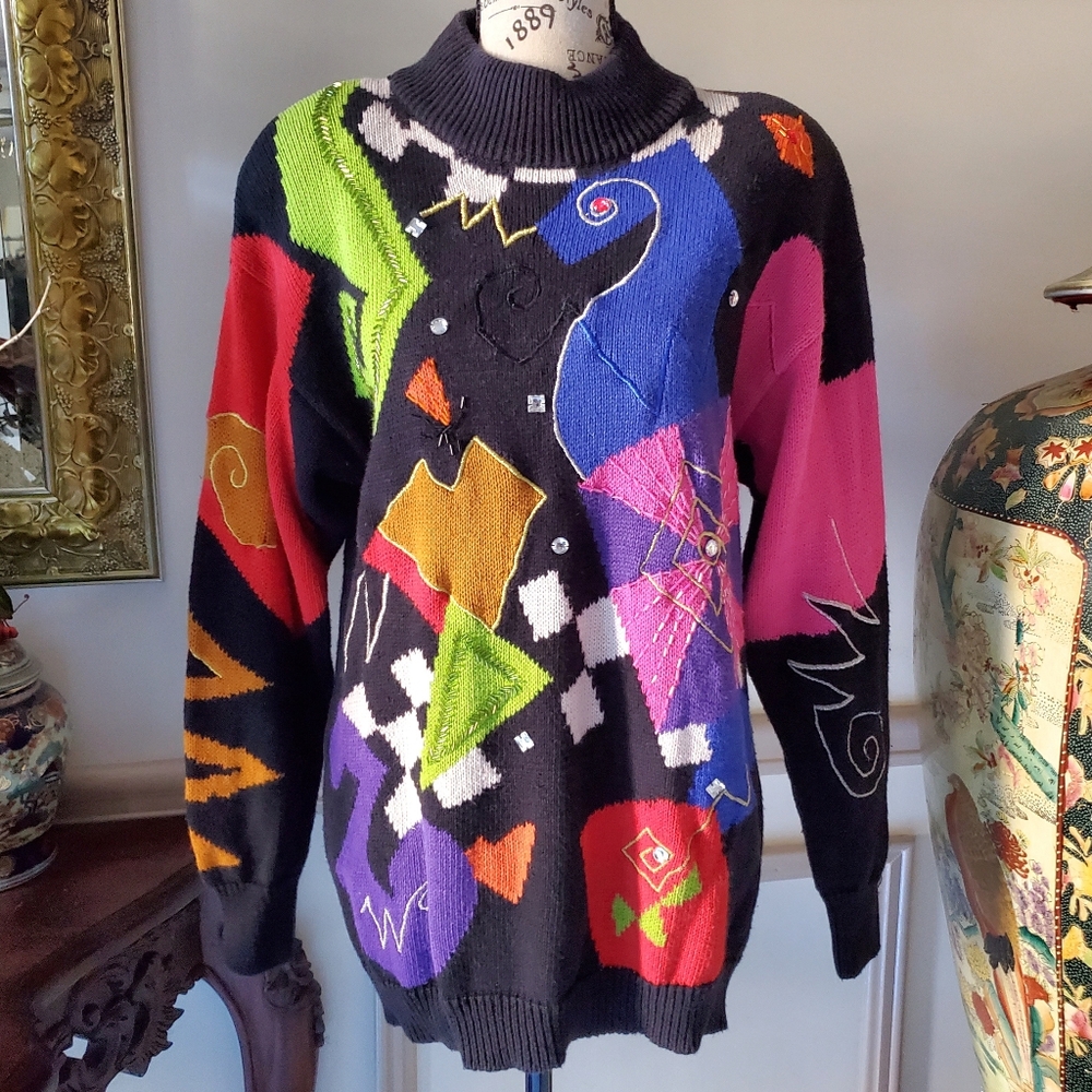 Vintage IB Diffusion Abstract Art Sweater Oversized Colorblock Knit Size Small